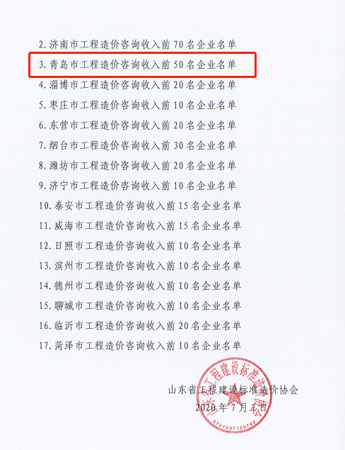 源海跻身青岛前五！山东省2019年度工程造价咨询企业造价咨询收入排序公示(图2)